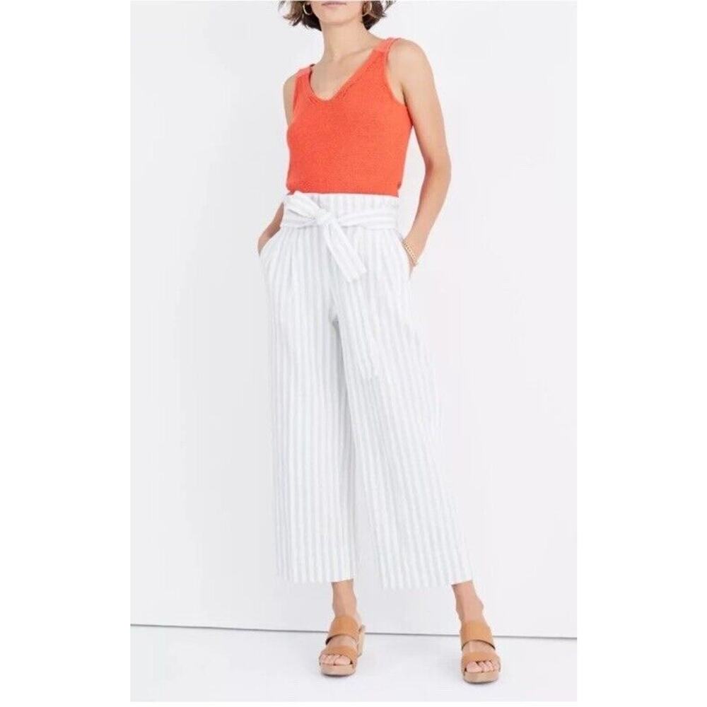 Madewell Huston Crop Pants Blue White Stripe Linen Blend Wide Leg Tie Waist Sz M